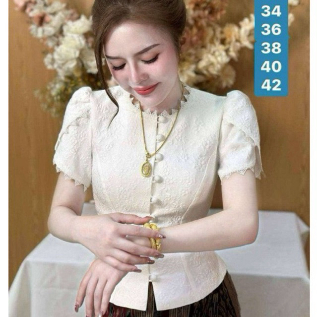 เสื้อลูกไม้แขนสั้น ผ้าฝ้ายเนื้อพรีเมียมสวยมาก สีขาวงา สีดำ