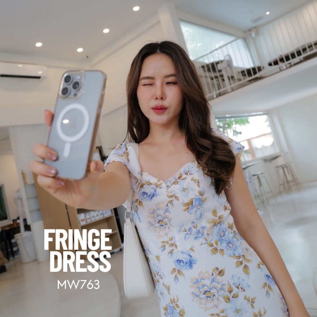 MyWay Brand : Dress - Fringe เดรสยาวสีขาว ลายดอกไม้ ชุดออกงาน