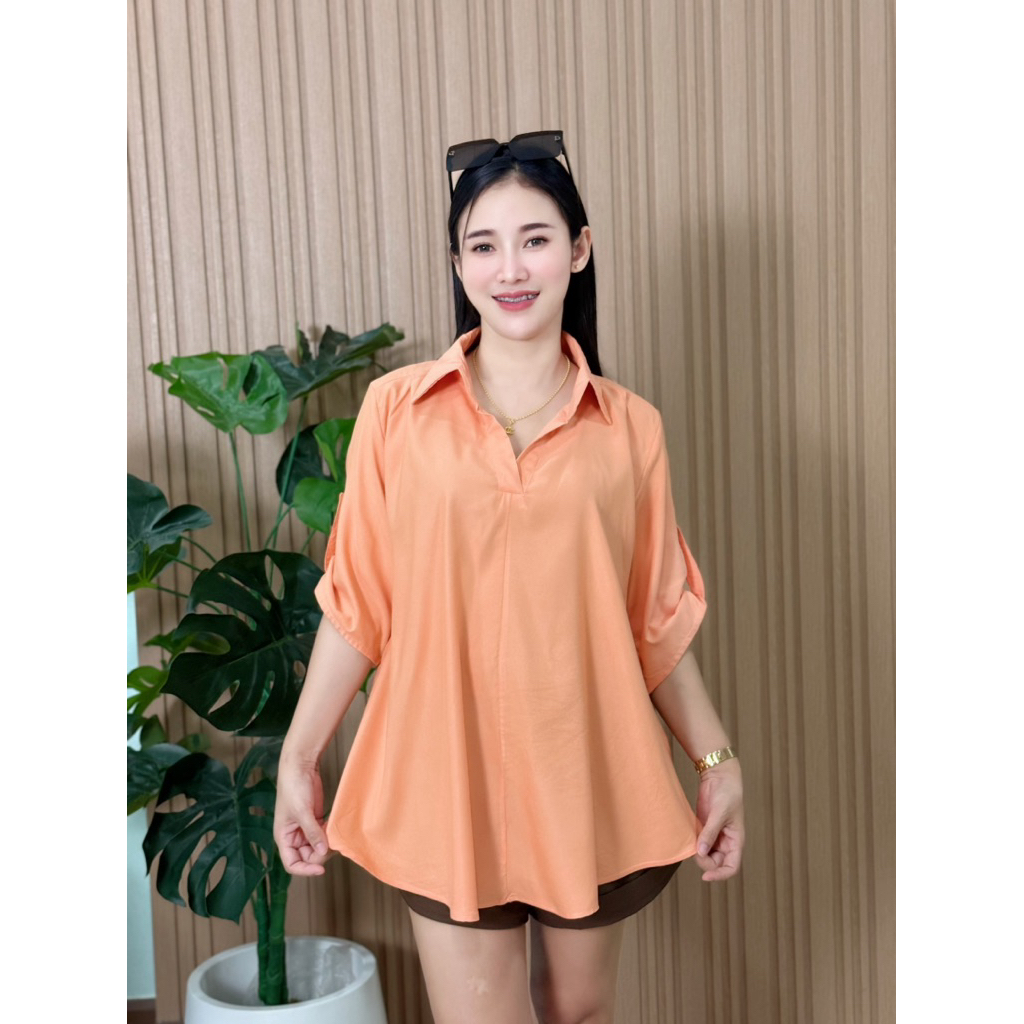 เสื้อคอปกแขนสั้น แขนแต่งกระดุม ผ้าคัตตอน