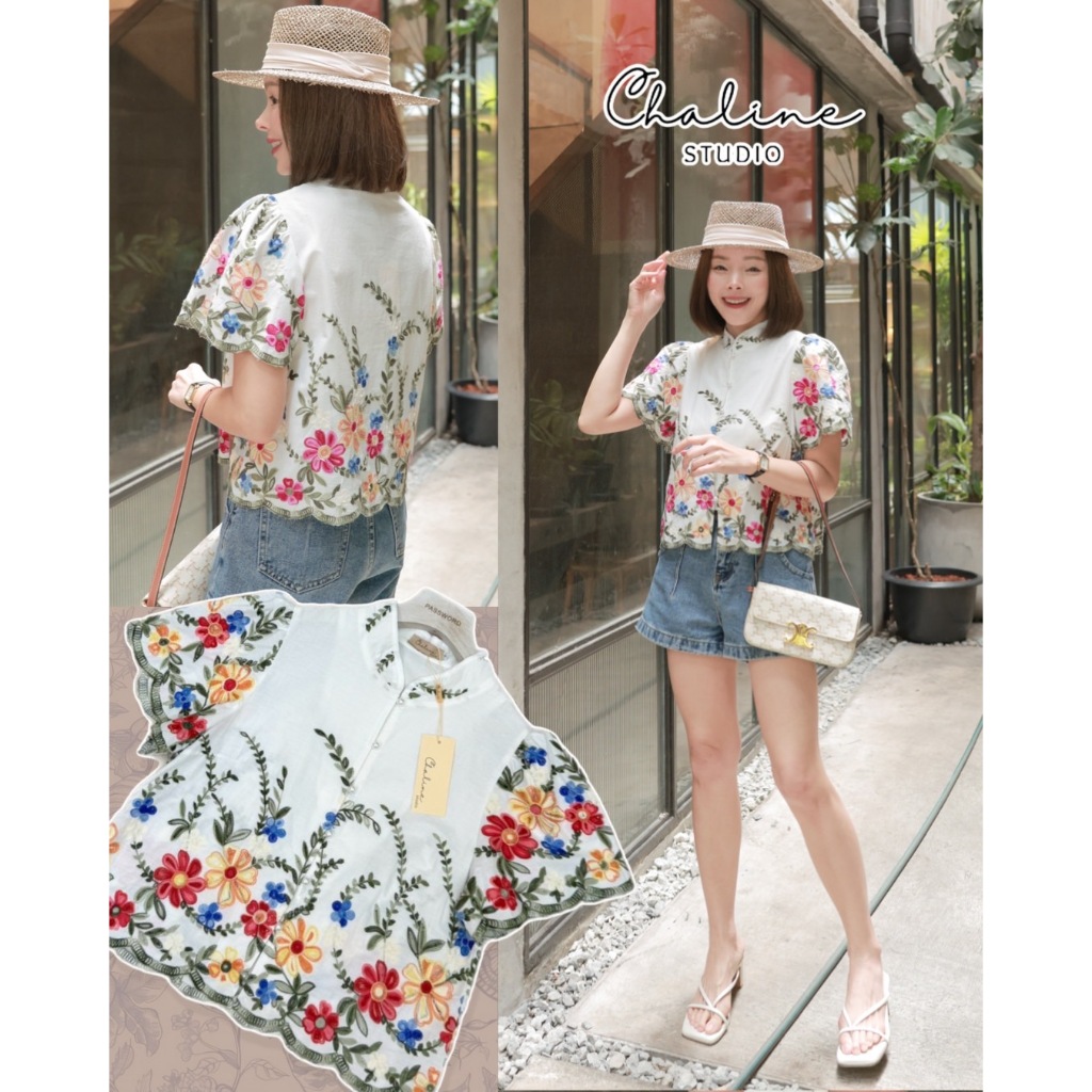 •CHALINE STUDIO• P&C 50469 เสื้อคอจีนผ้าคอตตอนญี่ปุ่นปักดอกไม้นูน ลายเส้นสีเทียนหวานละมุนสบายตา