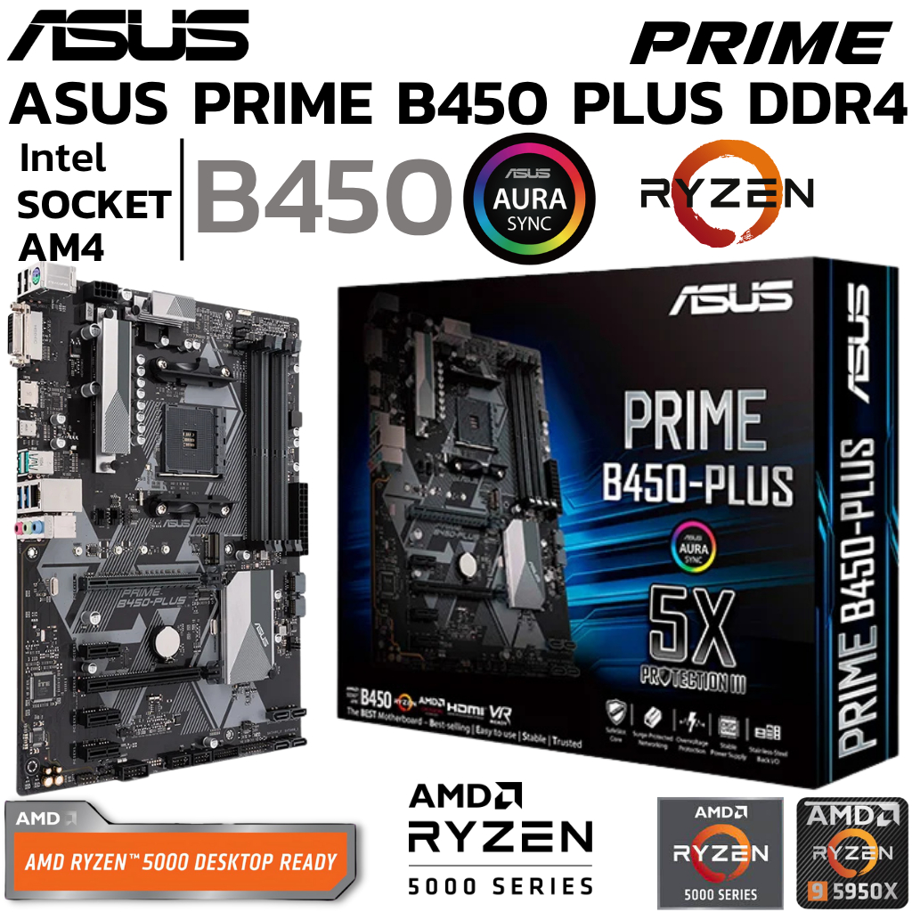 MAINBOARD (เมนบอร์ด) AM4 ASUS PRIME B450-PLUS DDR4 Support 5000 Series