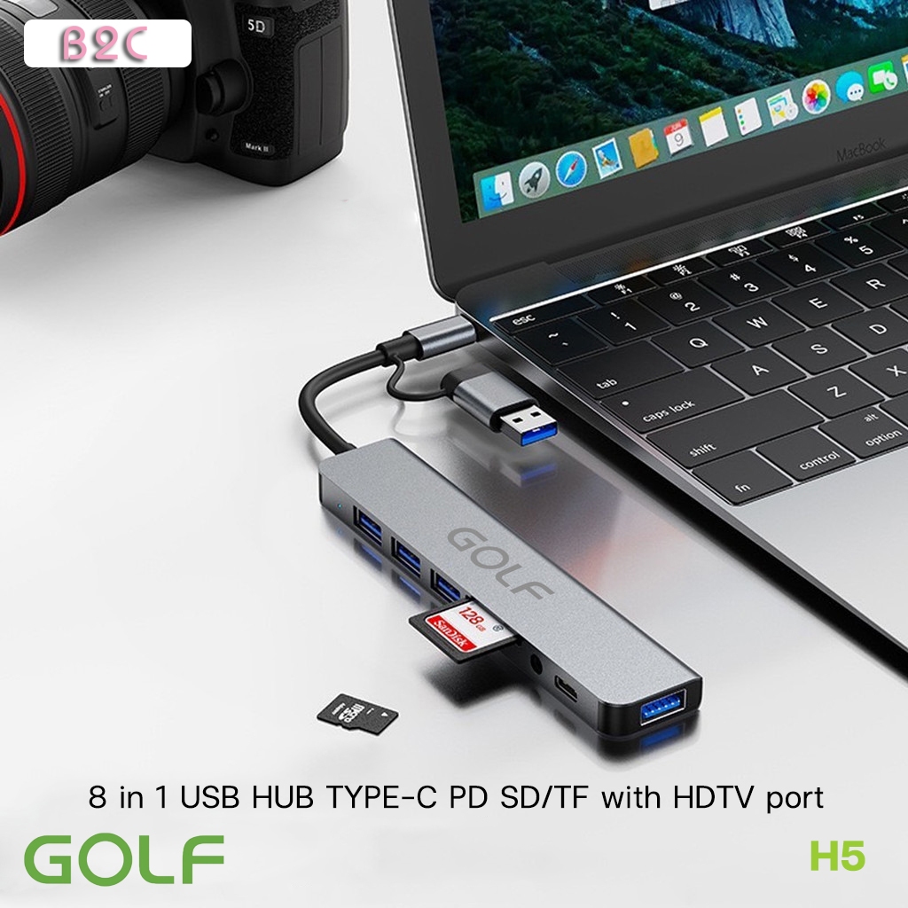 GOLF รุ่น H5 8in1 HUB อะแดปเตอร์ฮับUSB+Type C HUB USB C เป็นUSB3.0 การ์ดรีดเดอร์SD TF PD HUB 3.5 มม.