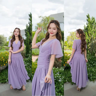 ชุดเดรส ชุดออกงาน ชุดราตรี FP064 เกรดพรีเมี่ยม ชุดชีฟอง แขนสั้นกระโปรงรูด