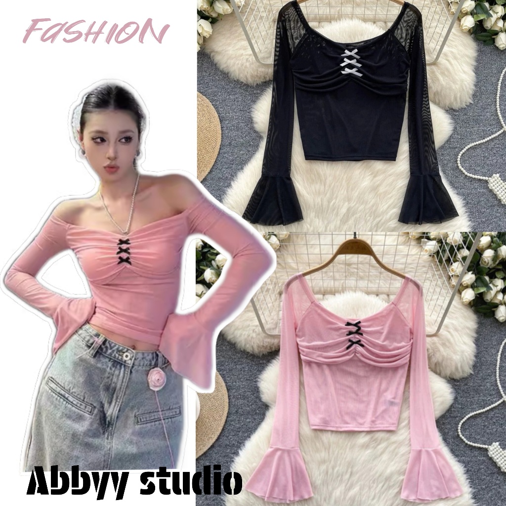 Abbyy🦄พร้อมส่ง🦄ชุดเซ็ท2ชิ้น ชุดสีชมพูy2k เสื้อปาดไหล่แขนยาว+กระโปรงสั้นลูกไม้ ชุดเซ็กซี่ ชุดคุณหนู แฟชั่นเกาหลี ชุดไปทะเ