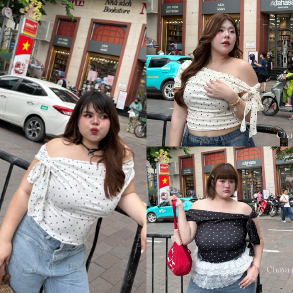 LD เสื้อปาดไหล่ + เชือกผูก ลาย Polka Dot น่ารัก ใส่สบาย แมทกับยีนส์หรือกระโปรง