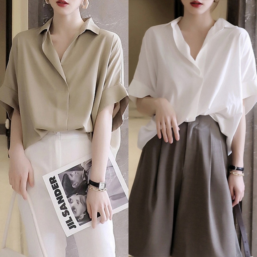 เสื้อเชิ้ตผู้หญิง แขนสั้น วินเทจ หลวม คอวี ผ้าใส่สบาย