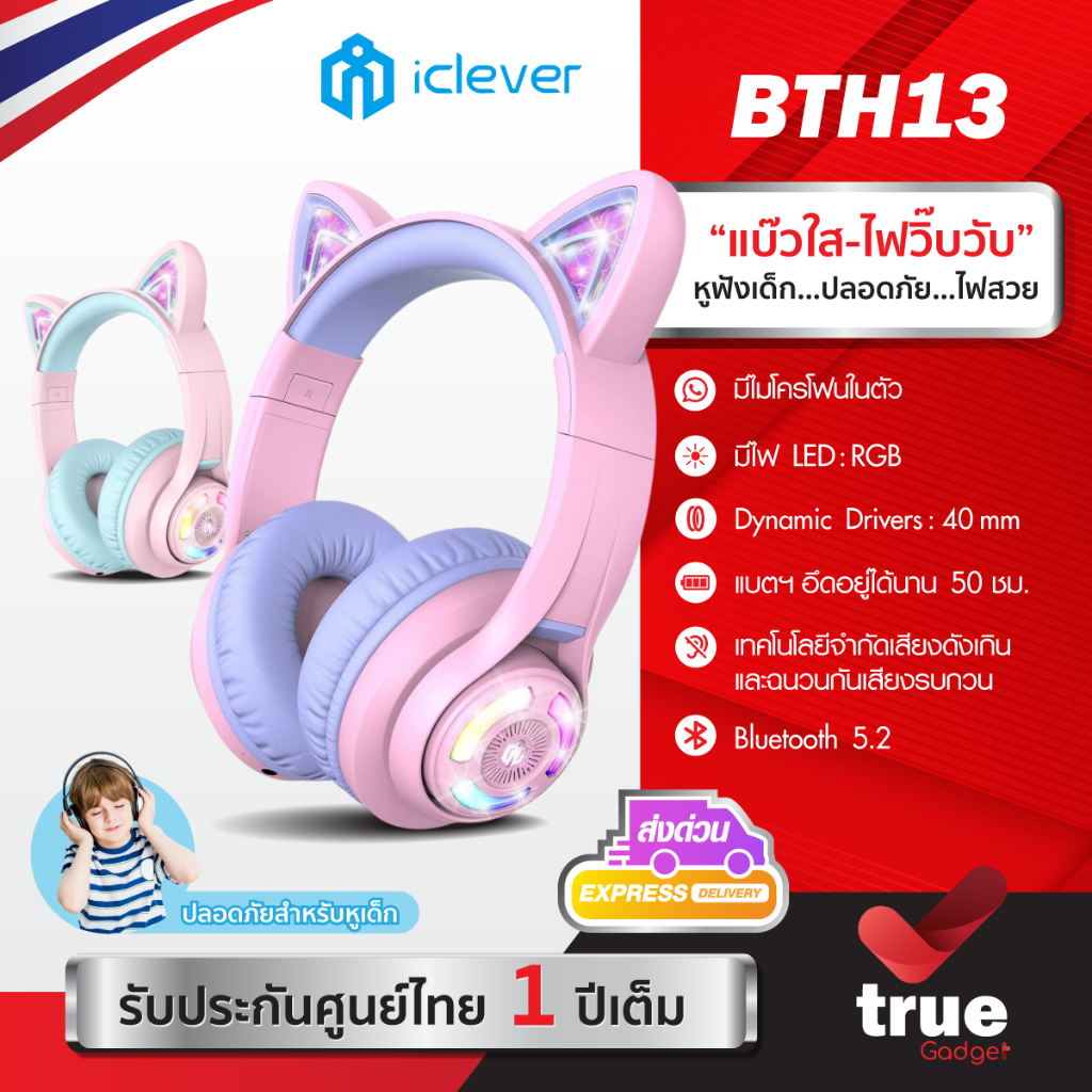 🇹🇭ประกันศูนย์ไทย หูฟังเด็ก iClever BTH13 Kids Headphones BT หูฟังครอบหู มีการจำกัดระดับเสียงเพื่อควา