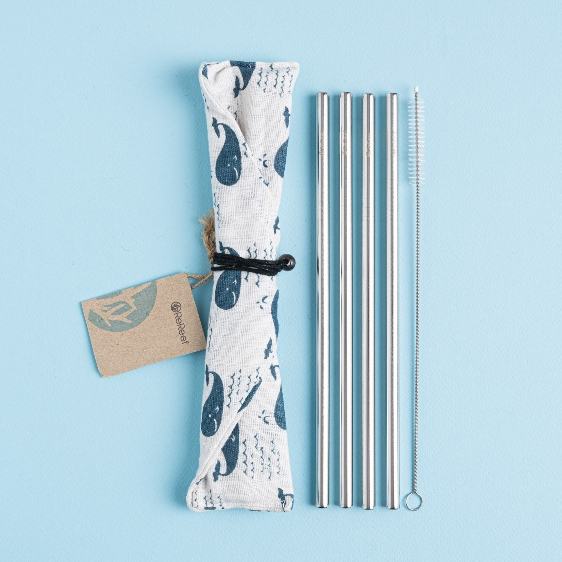 ReReef Stainless Steel Straws Set in a Wrap Pouch