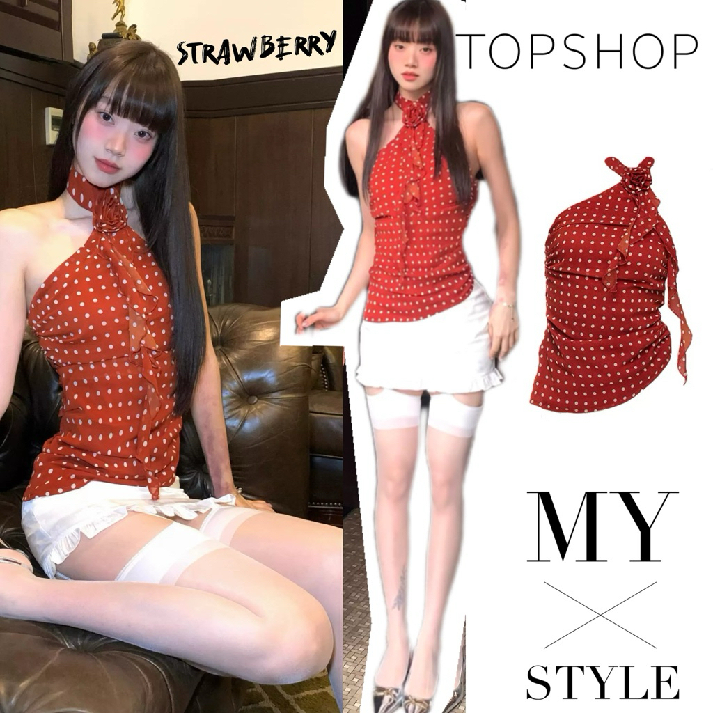 STR พร้อมส่ง🍓เสื้อคล้องคอผู้หญิง แต่งดอกไม้ลายโพกาดอท สีแดงสดใส่ เสื้อครอปทรางรัดรูป เรียบหรู เปิดหลัง สาวฮอต ชุดไปคาเฟ่