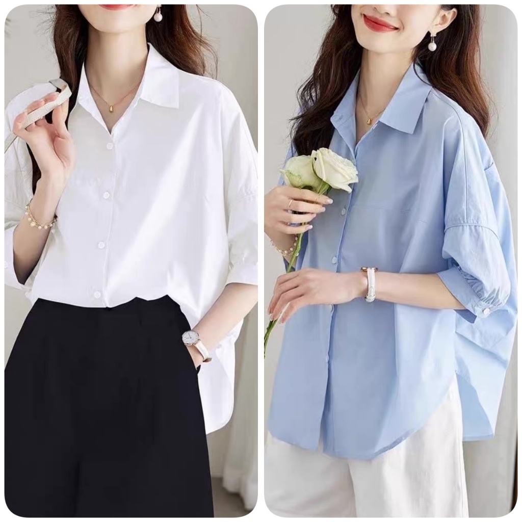 เสื้อเชิ้ตผู้หญิง แขนสั้น ทรงหลวม เข้ารูป เรียบหรู ทันสมัย ​​สามสี ผ้าคอตตอนแท้