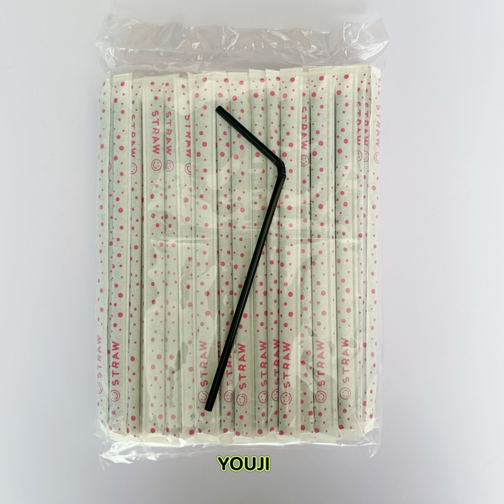 หลอดงอสีดำ แพ็คซองกระดาษพิมพ์ลาย 100 ชิ้น (ยิ้ม สีชมพู) / 1ห่อ Flexible Straw 100 pcs