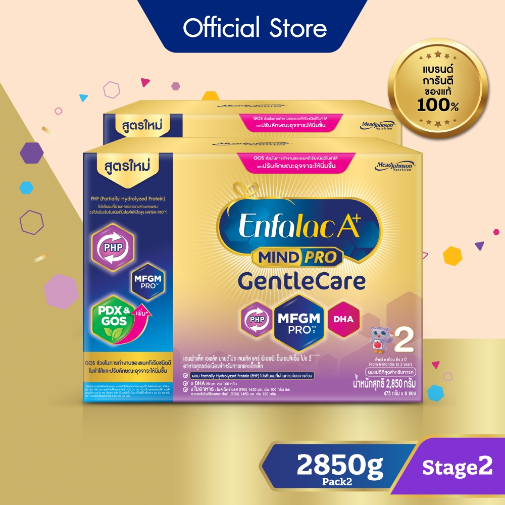 นมผง เอนฟาแล็ค เอพลัส มายด์โปร เจนเทิลแคร์ สูตร2 (2850 กรัม) x2 กล่อง Enfalac A+ MindPro Gentle Care