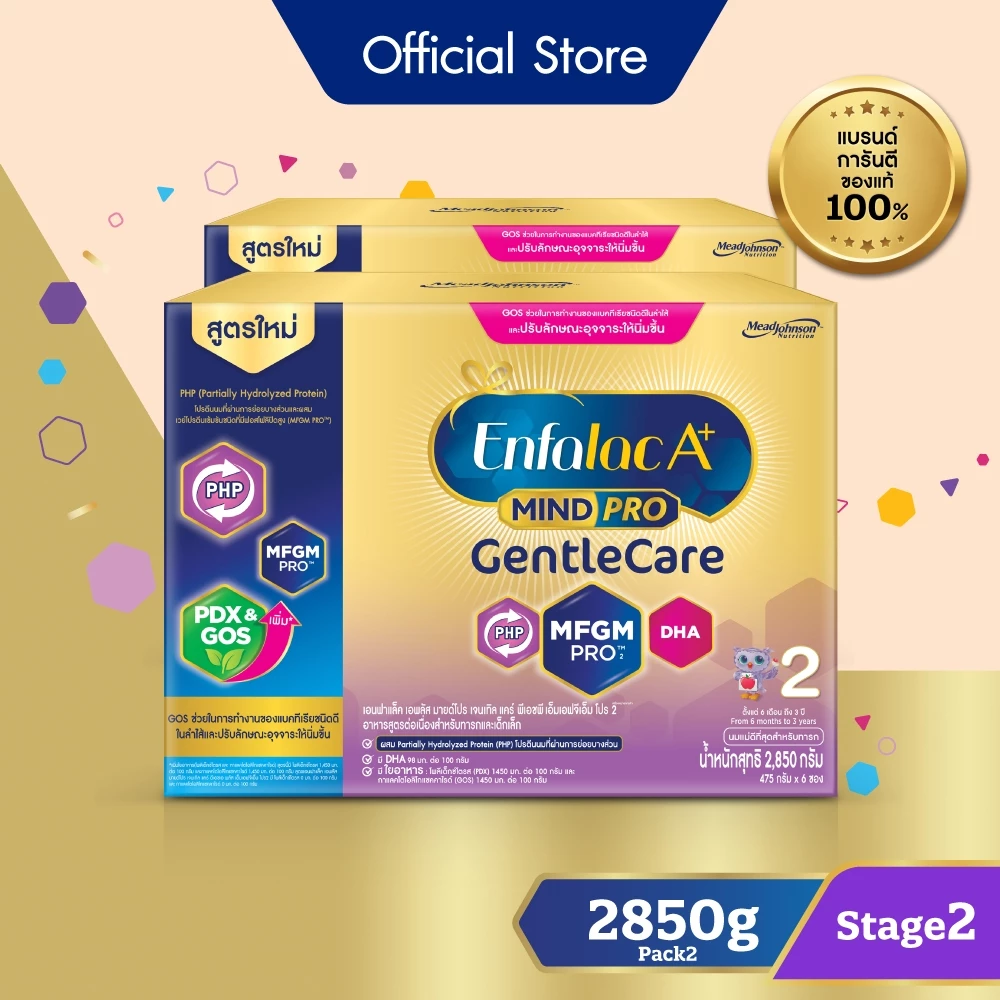 นมผง เอนฟาแล็ค เอพลัส มายด์โปร เจนเทิลแคร์ สูตร2 (2850 กรัม) x2 กล่อง Enfalac A+ MindPro Gentle Care Stage2 (2850 g) x2