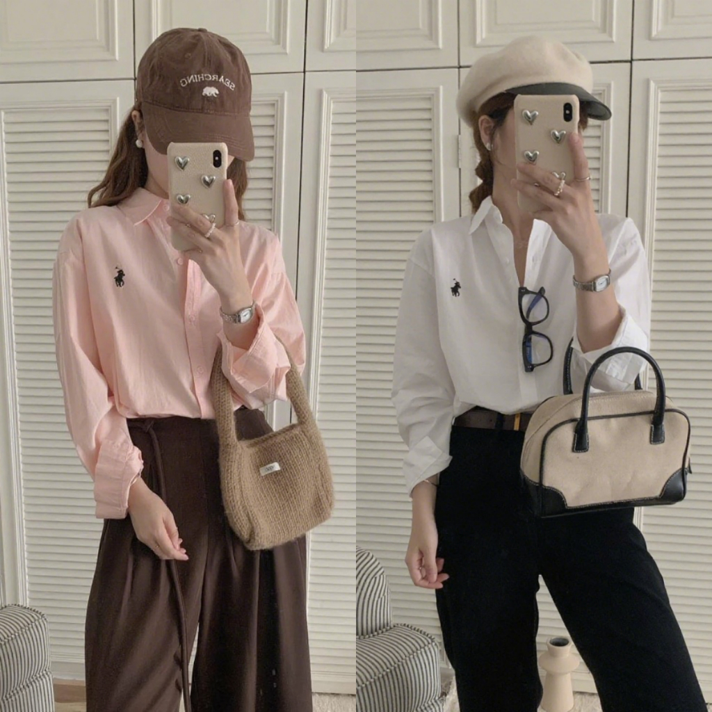 เสื้อเชิ้ตผู้หญิงแขนยาว เสื้อโปโล ทรงหลวม ปักลาย สไตล์ขี้เกียจ สดชื่น สีขาว