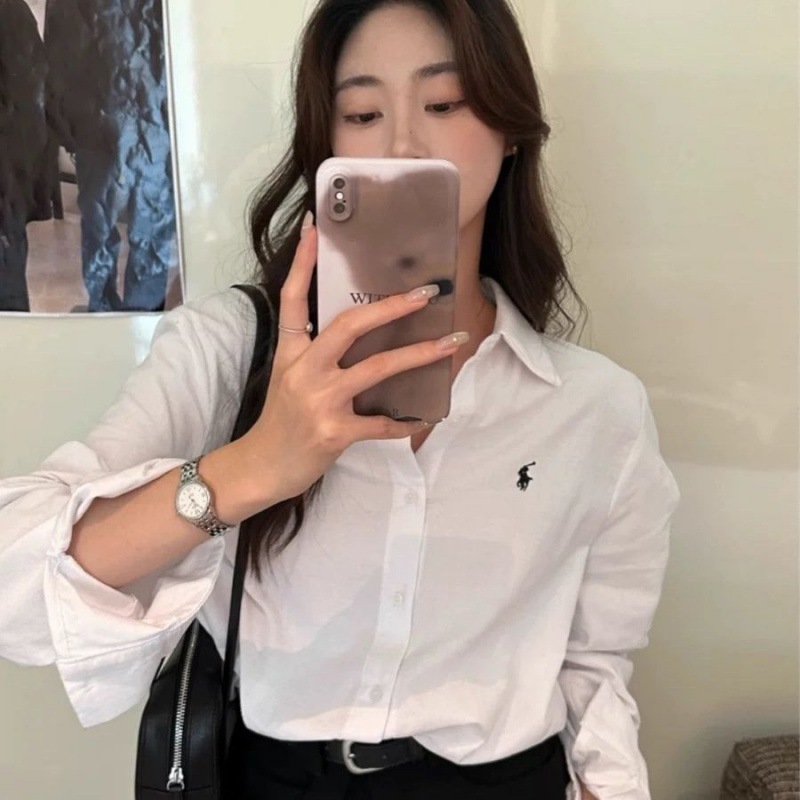 เสื้อเชิ้ตผู้หญิงแขนยาว เสื้อโปโล ทรงหลวม ปักลาย สไตล์ขี้เกียจ สดชื่น สีขาว - รูปที่ 3