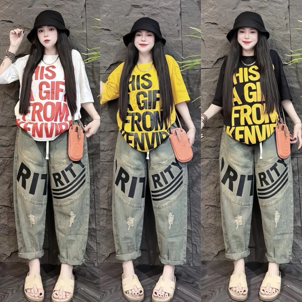 ชุดเซต2ชิ้น เซตเสื้อยืดแขนสั้นลายอังกฤษ กางเกงขายาว(ผ้ายีนส์เทียม) สวยเท่ มี3สี