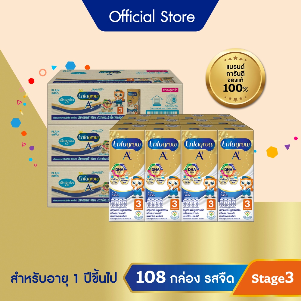 นมกล่อง เอนฟาโกร ยูเอชที สูตร3 ชนิดจืด (36 กล่อง) x3 ลัง Enfagrow UHT Stage3 Plain (36 boxes) x3 cases