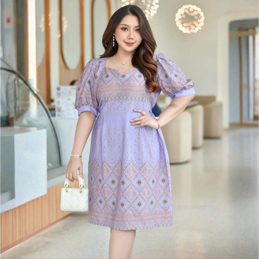 เดรสลายไทย อก42-60นิ้ว ไซส์ใหญ่ พิมพ์ลายไทย แขนตุ๊กตา ผ้าคลัช ยางยืดหลัง สีสวยมาก ชุดครู งานบุญ สาวอวบ MG25-0 - รูปที่ 5