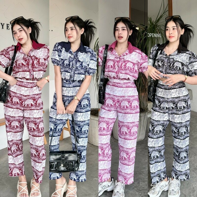 TT20945 set 2 ชิ้น เสื้อครอปแขนพองลายช้าง กางเกงขายาว