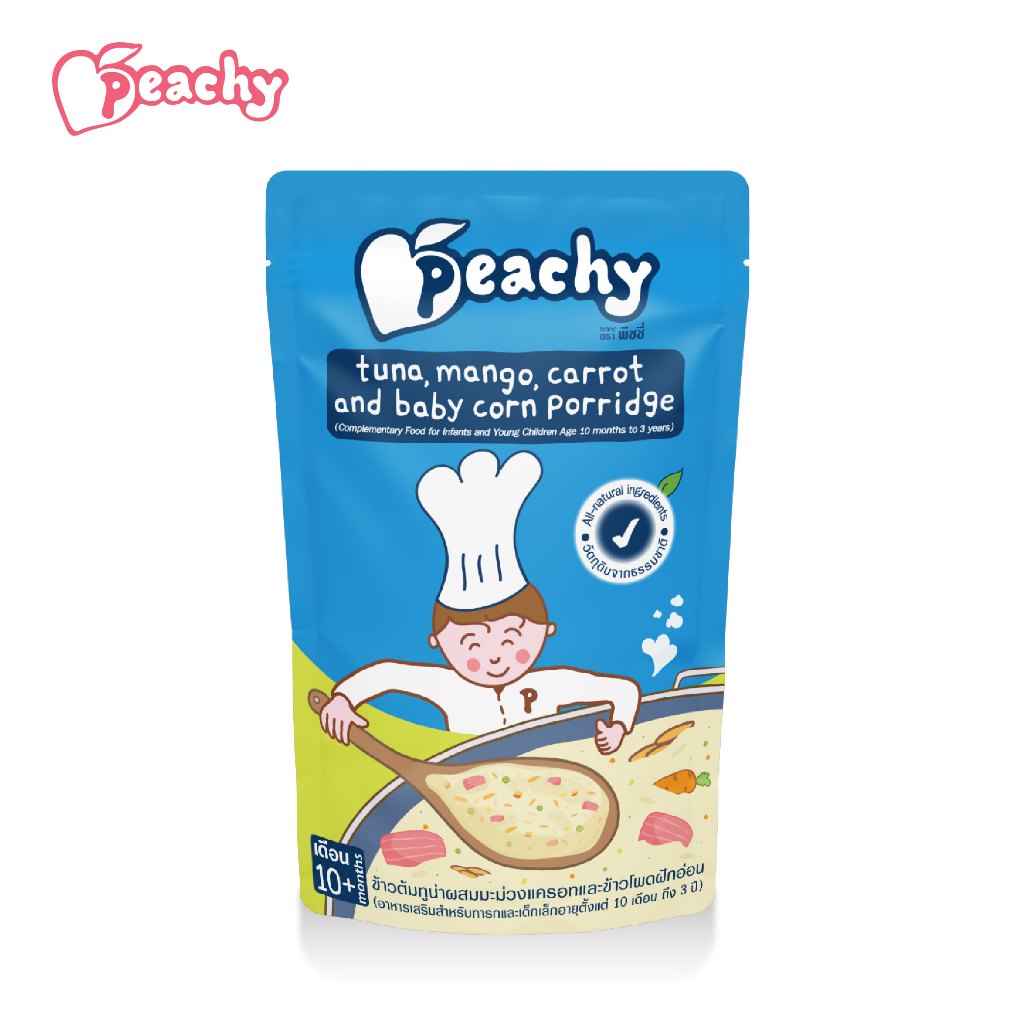 Peachy อาหารเสริมสำหรับเด็ก รสข้าวต้มทูน่าผสมมะม่วงแครอทและข้าวโพดฝักอ่อน 1 ถุง (R28)