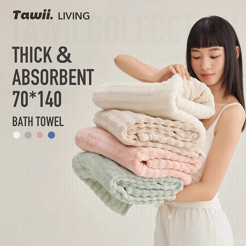 Tawii. ผ้าเช็ดตัว 70*140cm ขนาดใหญ่ ผ้าขนหนู พันทั้งตัว ขนแกะปะการัง แห้งไว ซับน้ำดีขนไม่หลุด