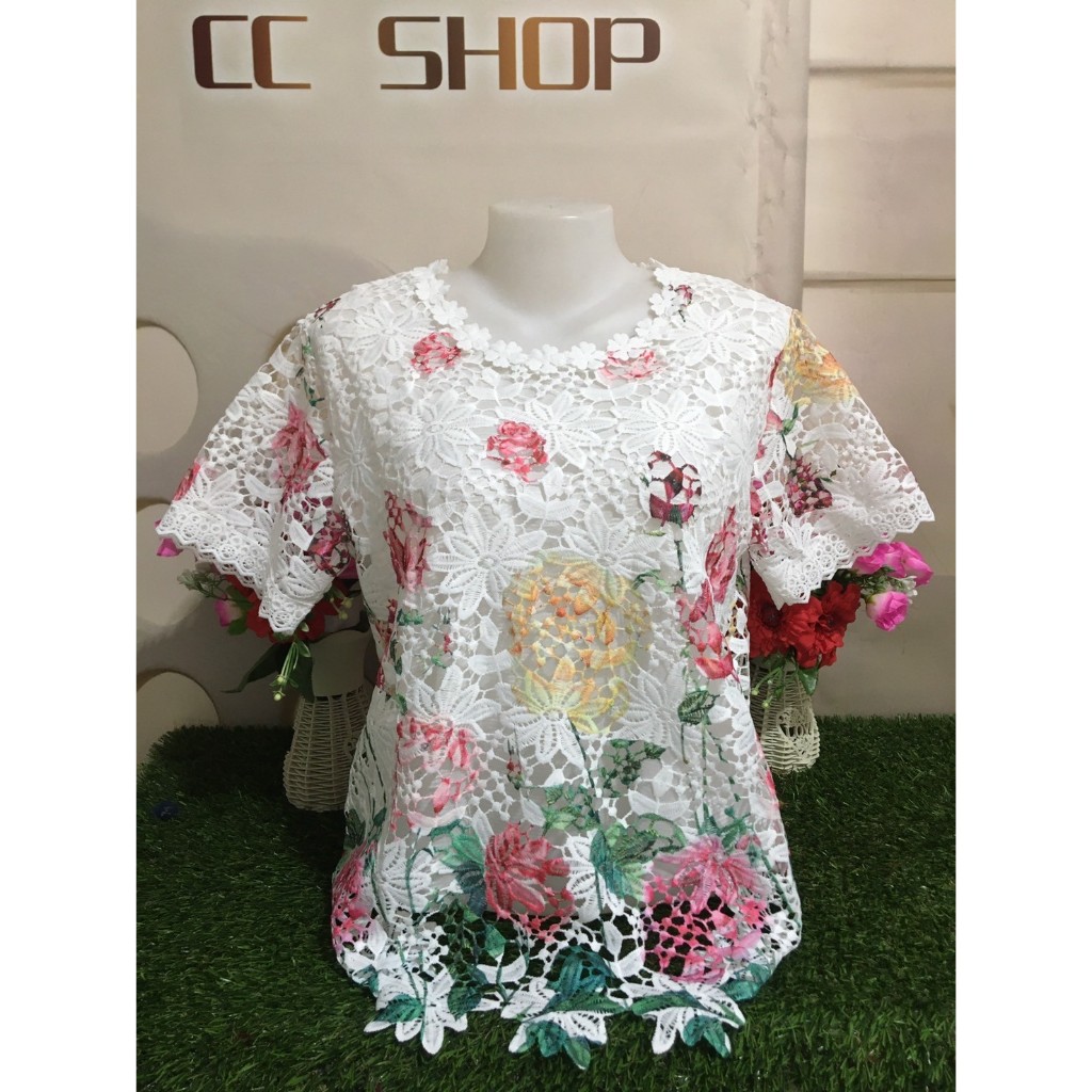 เสื้อลูกไม้ เสื้อสงกรานต์ พิมพ์ลายดอกไม้ เสื้อลูกไม้สีขาว ใส่ออกงาน ใส่ทำบุญ แขนสามส่วนระบาย รุ่น่41