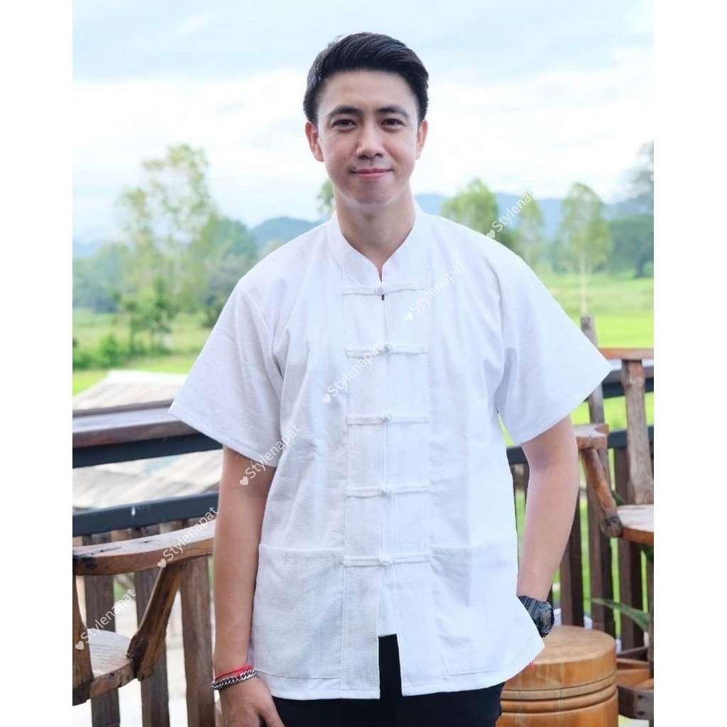 พร้อมส่ง เสื้อผ้าฝ้ายคอจีน กระดุมถัก อก40-50" ผู้ชาย รูปที่ 2