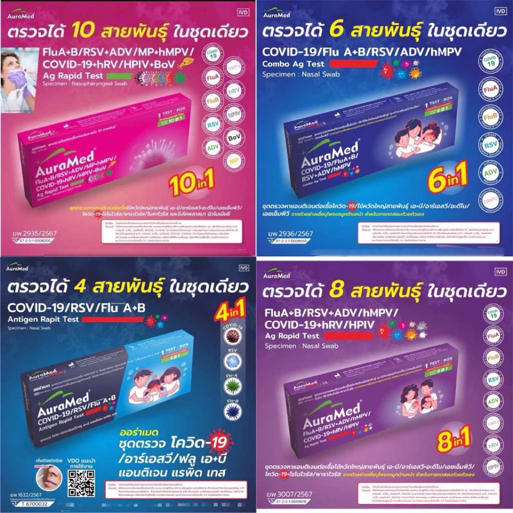 Auramed ตรวจ 6 สายพันธุ์ hMPV หวัดใหญ่ab อะดีโน RSV โควิด ออร่าเมด ชุดตรวATK