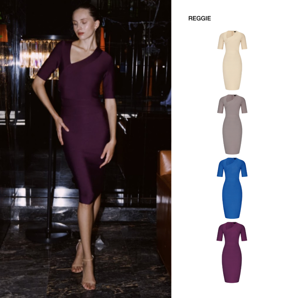 PETCHPLOY -  Reggie Dress  เดรสแขนกึ่งยาวเหนือข้อศอก ดีเทลคอเก๋ด้วยทรง asymmetric เรียบหรู
