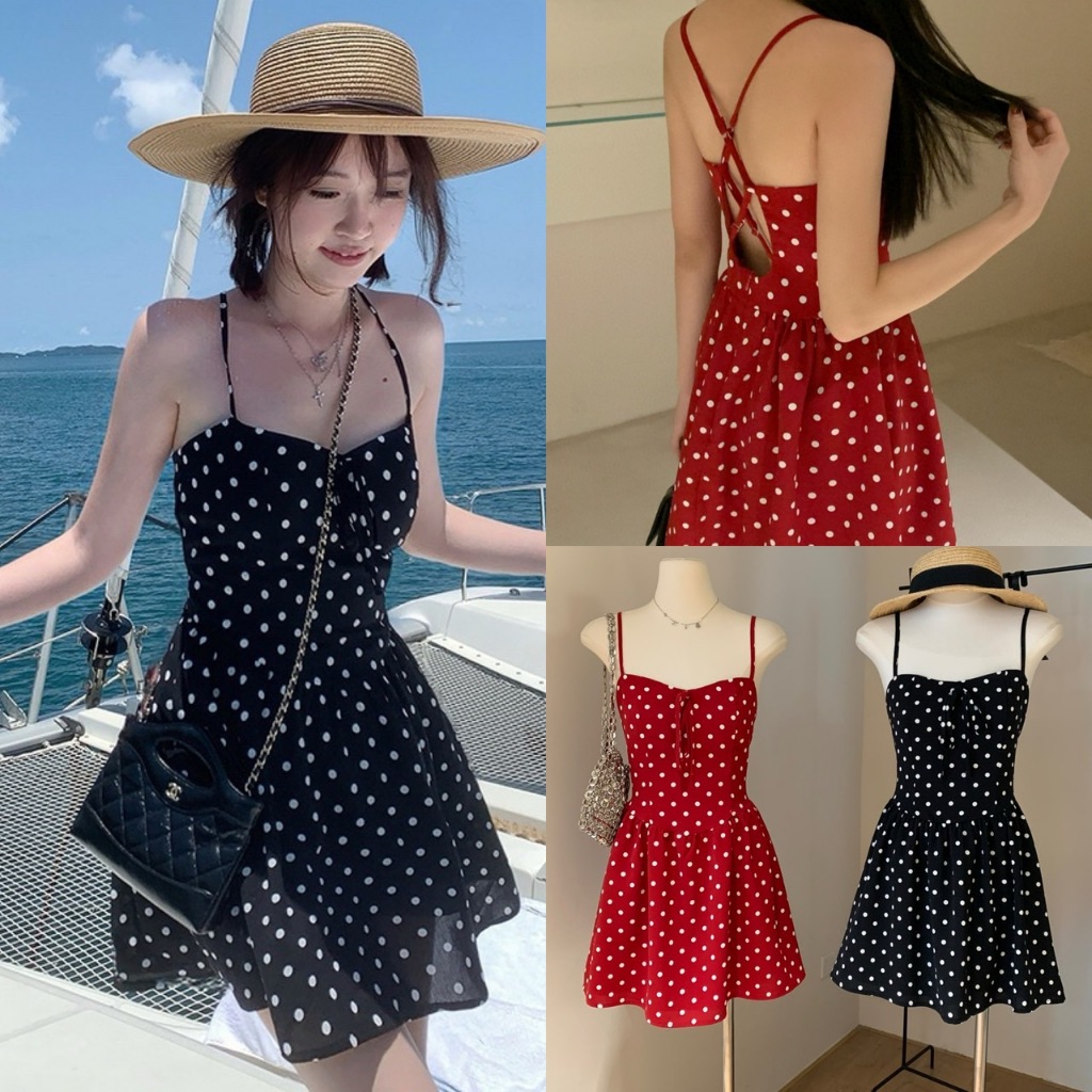 🧡🧵 🇰🇷 W6141 เดรสสายเดี่ยว ลายจุด มีซับใน ทรงสวย ผ้าดีนะคะ ใส่สบาย แฟชั่นเกาหลี TAG WG.WE 🧵🧡