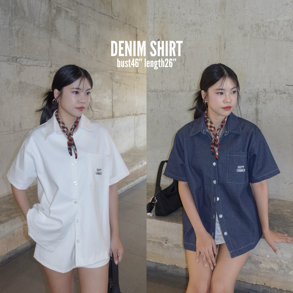 (เติมดำ/ขาว🐼) HAPTOP32 denim shirt เสื้อเชิ้ตแขนสั้นคอปกเดนิมยีนส์ (happysummer.bkk)