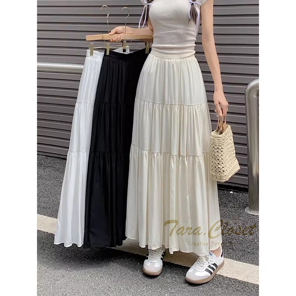 IT104 TARA SKIRT กระโปรงยาว เอวสูง ทรงบอลลูน แต่งระบาย 3 ชั้น สม็อครอบเอว ผ้าไหมอิตาลี ผ้าดี ใส่สบาย ความยาวเต็ม ไม่เต่อ