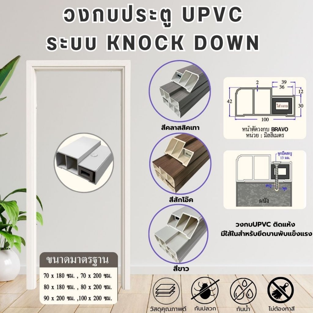 วงกบ uPVC วงกบประตู ระบบ knock Down ขนาด 80x200, 90x200, 100x200 cm. สีขาว สีเทา สีสักโอ๊ค ใช้งานได้