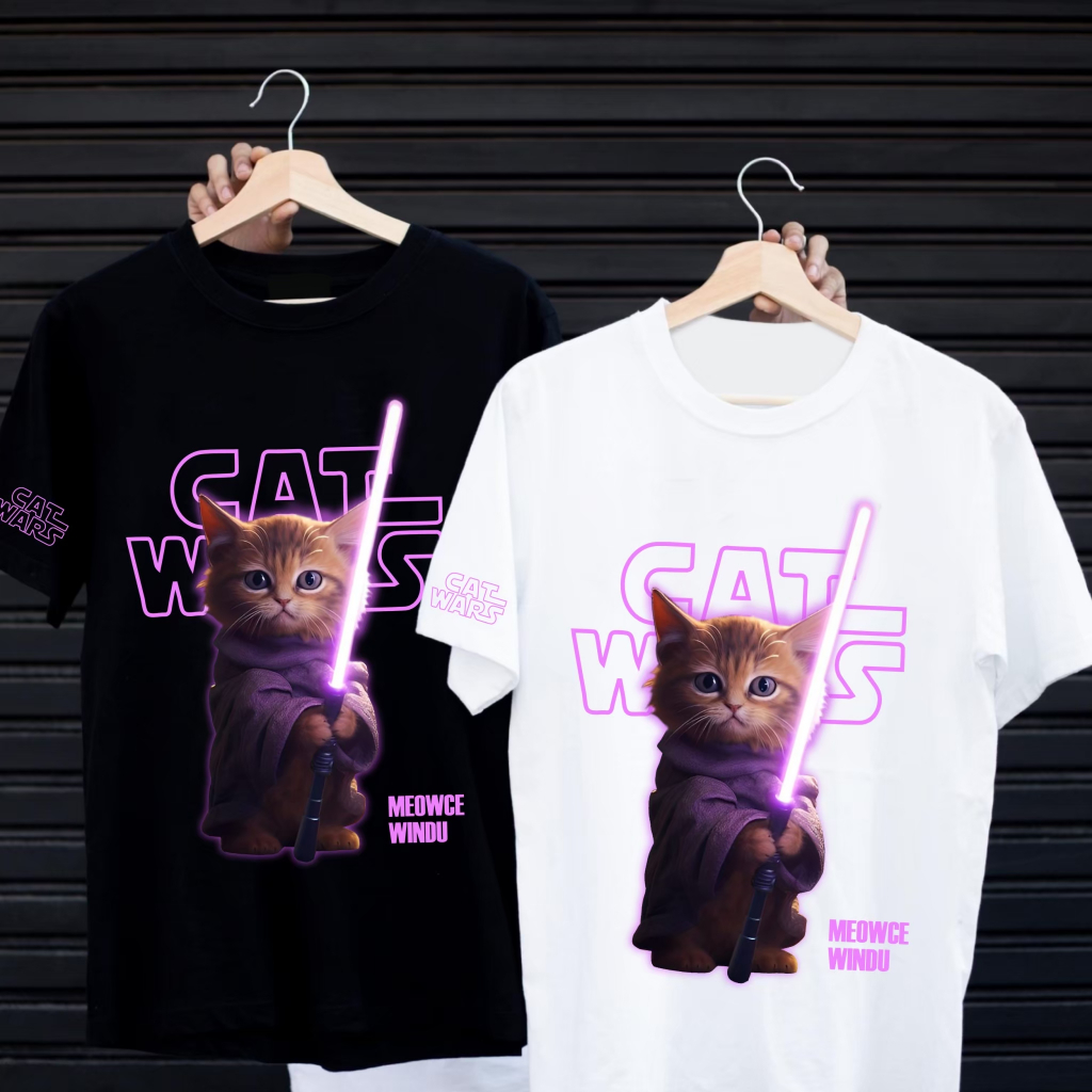 เสื้อยืดสกรีนลาย " CAT WARS MEOW WINDU " เสื้อยืดผ้า MICRO POLYESTER 100% เสื้อยืดผ้าไมโครโพลีเอสเตอร์ 100%