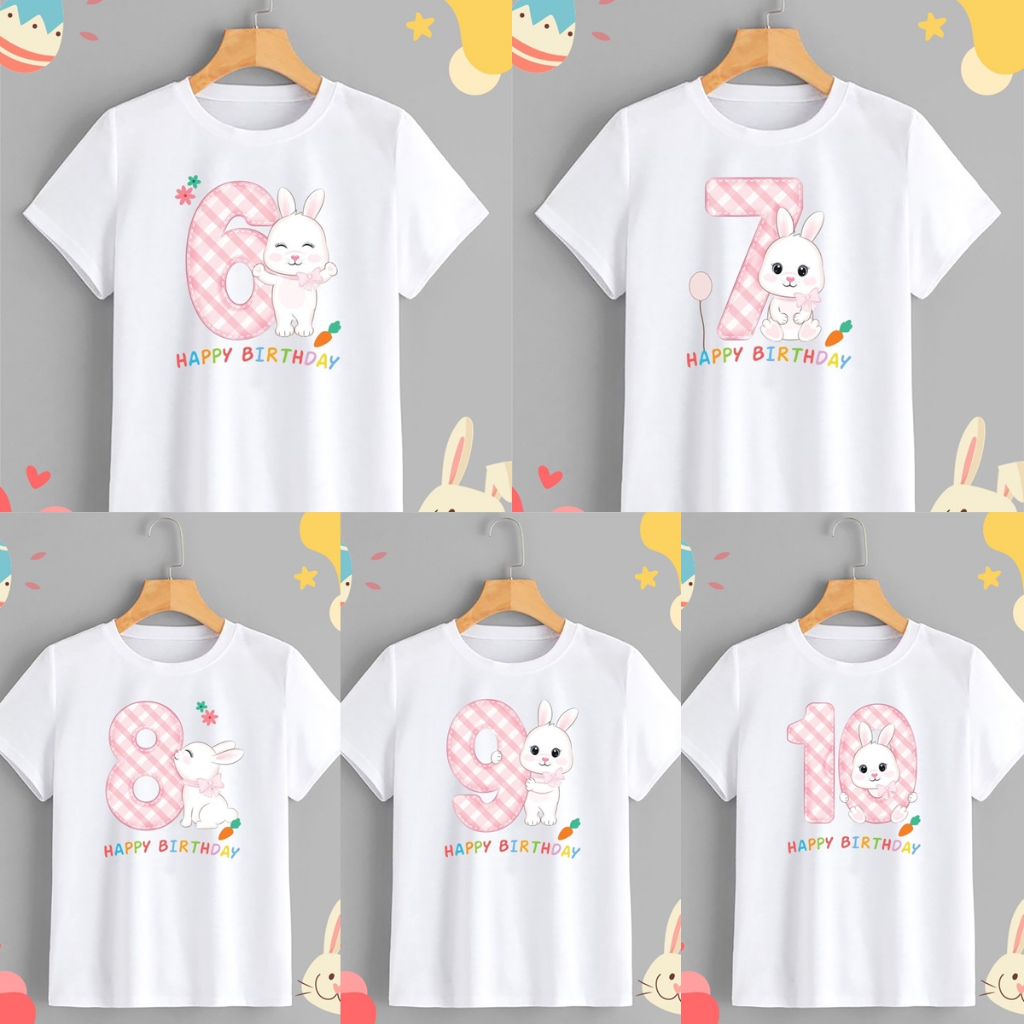 เสื้อยืดวันเกิดตัวเลข 6-10 ลายกระต่าย Happy Birthday Rabbit สีสดใส ผ้าTK สวมใส่สบาย คอกลม