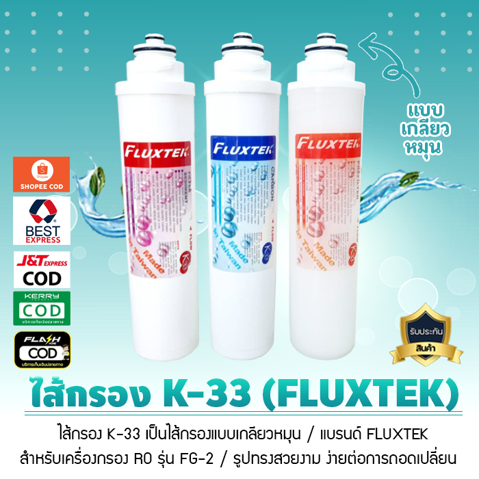 ไส้กรองน้ำ INLINE K33 แบบเกลียวหมุน แบรนด์ FLUXTEK เหมาะสำหรับเครื่องกรองน้ำรุ่น FG-2 เจ๊ตุ่ม
