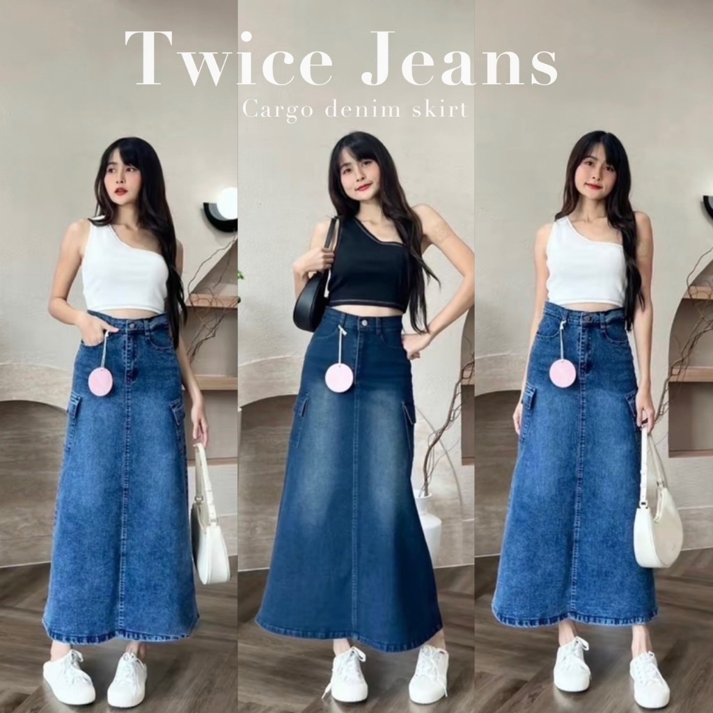TwiceJeans Long Skirt ทรงเอ กระเป๋าคาร์โก้ ผ้ายีนส์ยืด เอวสูง สวยมากๆ (S-IN)