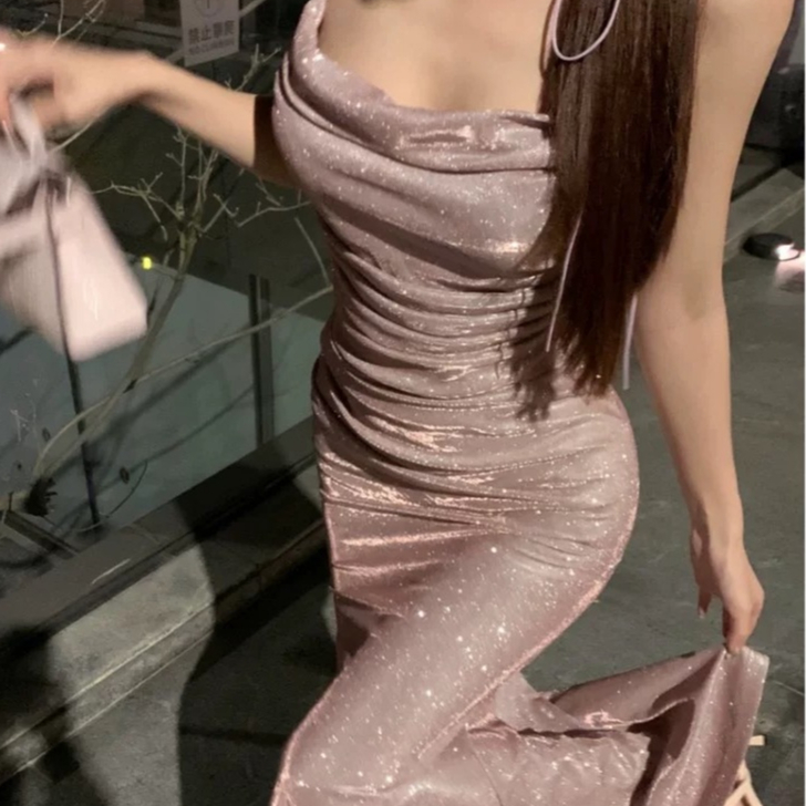 floral dress เดรสสีชมพู น่ารัก ไปทะเล ออกงาน เปิดไหล่ แฟชั่น ยาว เดรสเกาหลี ชุดราตรี