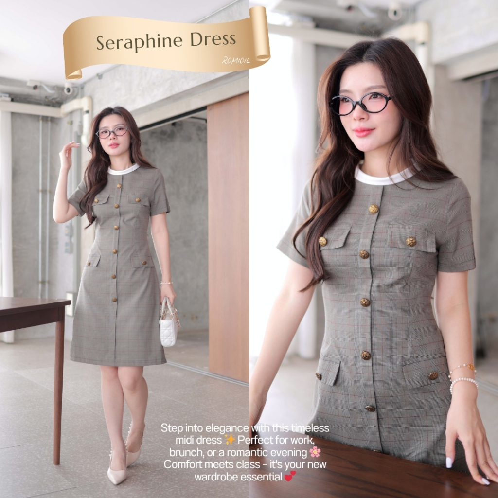 "Romi"Oil" Seraphine Dress (Gray) K225 ชุดเดรสสีเทา (คอสีขาวแต่งกระดุม)