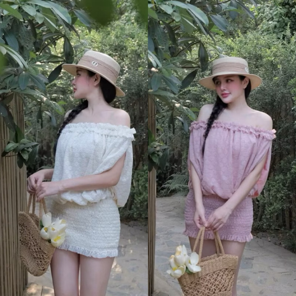 𝐌𝐀𝐘𝐔 พร้อมส่ง มินิเดรสปาดไหล่ผ้าลายดอกไม้เดรสกระโปร่งสม็อค