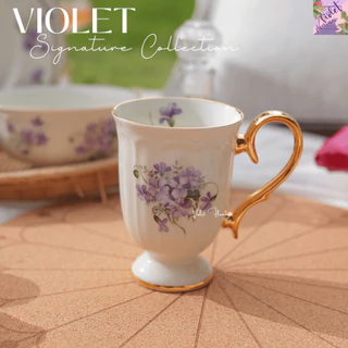 Violet Flamingo แก้ว Mug มือจับทอง 260ML แก้วกาแฟลายดอกไม้สีม่วง รุ่น Violet Signature **เฉพาะแก้ว ไม่รวมจานรอง**