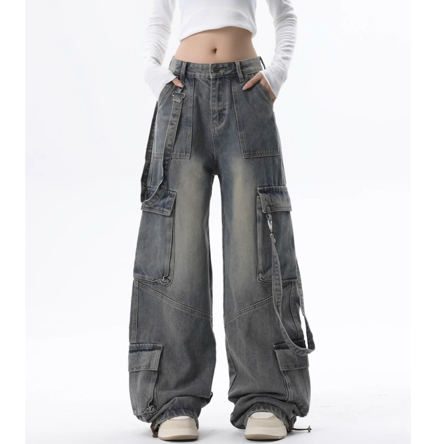 Loam Wear-Wide Leg Cargo Jeans Y2K Streetwear Pants  Korean Hip Hop Style