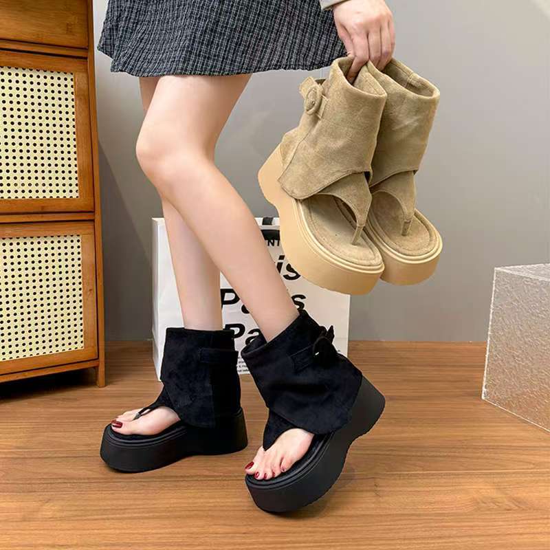🌟รองเท้าแตะโรมัน รุ่นฤดูร้อนใหม่ 5 ซม Suede High-Top หนังนิ่ม สไตล์สูง แฟชั่นสำหรับฤดูร้อน ลำลอง ก้นหนา