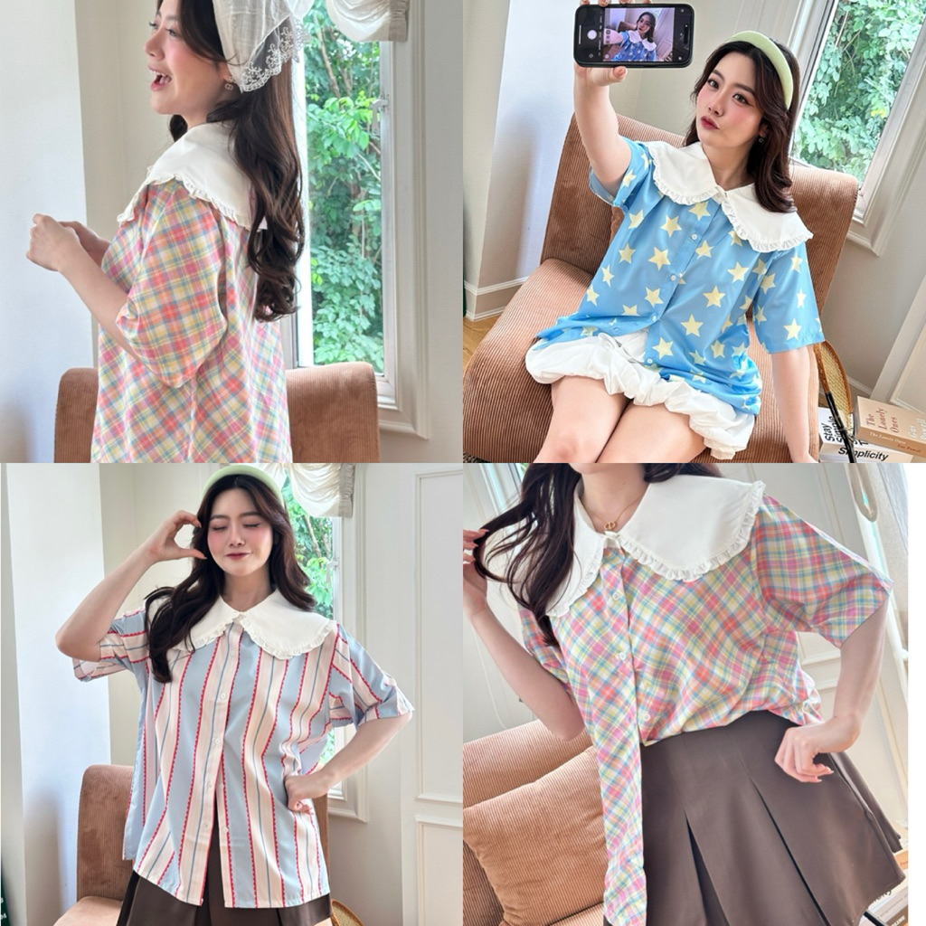 ลด 30% ในไลฟ์ Bambie Shirt 🍯🧸 เสื้อเชิ้ตแขนสั้นคอปกปีเตอร์แพนแต่งระบาย