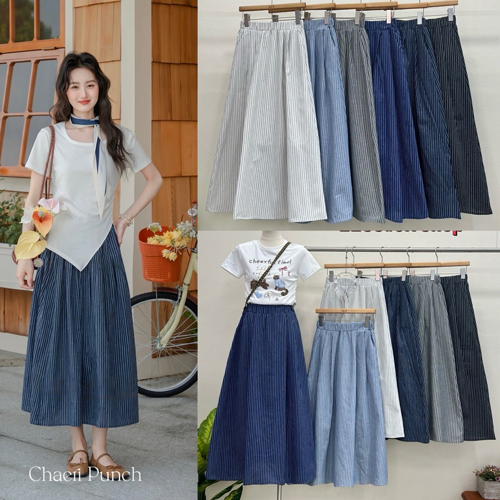 jeans skirt กระโปรงยาวแฟชั่น ลายริ้วเอวสูง ใส่สบาย มีกระเป๋า