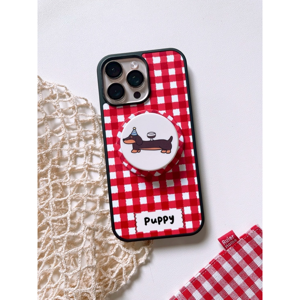 (มี16)พร้อมส่งในไทย🩷R1879 เคสตารางแดงPuppy+ไอริงแม่เหล็ก เคสลายมินิมอล เคสน่ารัก เคสมือถือ เคสไอโฟน สำหรับ i13-16PROMAX
