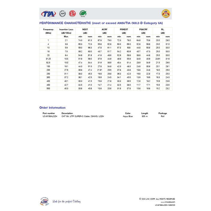 Link US-9156ALSZH CAT6A Indoor 305M. Blue Color UTP Super-S Series LSZH Cable,Bandwidth 500MHz - รูปที่ 4