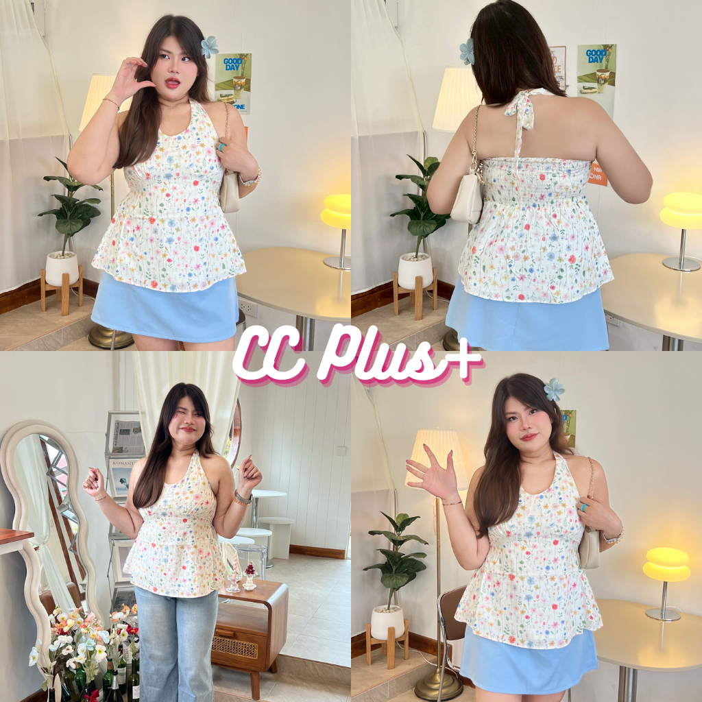CiCi Plus+(8K185) เสื้อคล้องคอตัวยาวลายดอกไม้มินิมอล ดีเทลผูกน่ารักๆ สม็อคหลัง มีซับใน ผ้าพิมพ์ สไตล์เกาหลี