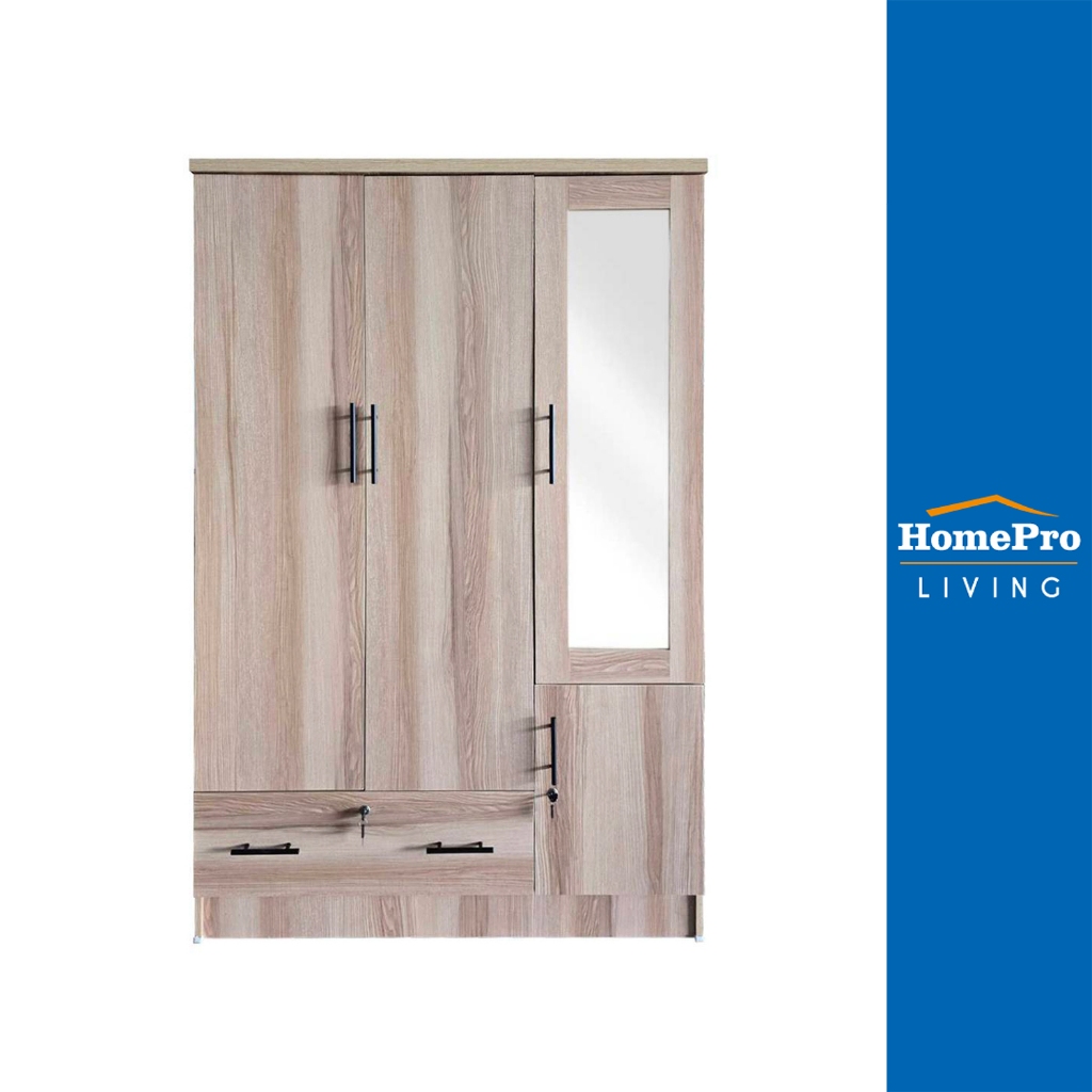 [จัดส่งพร้อมประกอบ] HomePro ตู้เสื้อผ้า 3 บานเปิด FURDINI HERO 120 ซม. สี NATURAL OAK/กระจกเงา