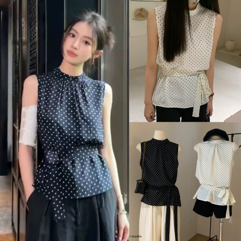 🧡🧵 🇰🇷 W6302 เสื้อแขนกุด ลายจุด แต่งเชือก มัดที่คอหรือเอวได้หมดเลยค่ะ  น่ารักมากๆค่า ผ้าแฟชั่นเกาหลี TAG WG.WE 🧵🧡